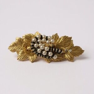 Vintage Colette Malouf Gold Gilded Leaf Pearls Barrette Hair Clip Made in France